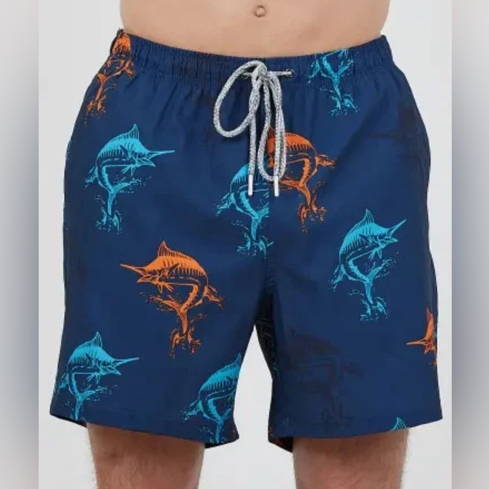 Rainforest Men's Navy Marlin Print Swim Trunks